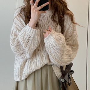 镂空麻花白色毛衣女复古日系宽松慵懒浣熊绒菱形早秋外穿套头打底