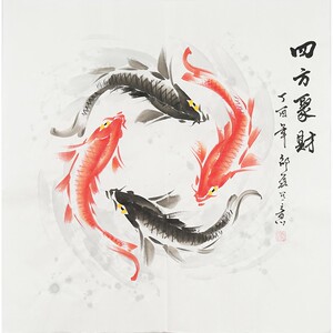 国画斗方鱼 四方聚财 客厅装饰画 手绘国画鱼 邵磊画0010