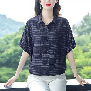 气质条纹中袖衬衫女2024年夏季新款韩版宽松显瘦棉麻蝙蝠衫衬衣潮