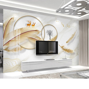 5d立体大理石纹电视背景墙壁纸现代简约金色羽毛麋鹿轻奢墙布壁画