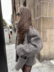 泰迪花灰色氛围感廓形毛呢外套女2023年冬季高级感气质宽松大衣