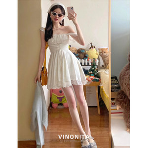 vinonita芭蕾风法式白裙子花边小飞袖白色连衣裙女短款艺术感裙子