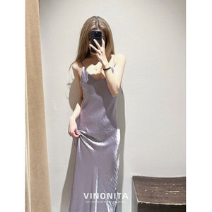 vinonita浪漫小众松弛感紫色缎面吊带连衣裙女装礼服裙子平时可穿