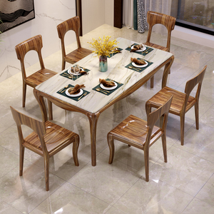乌金木实木餐桌带餐椅组合现代新中式小户型餐厅吃饭桌大理石方桌