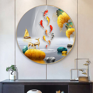 现代简约入户玄关装饰画圆形客厅餐厅挂画轻奢九鱼图寓意好的壁画