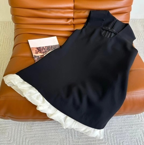 MQ~24春夏新款撞色拼接网纱下摆黑色无袖连衣裙简约背心小黑裙女