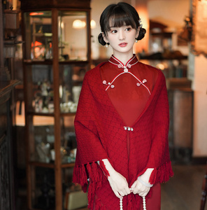 旗袍红色披肩开衫外搭春夏款女民国风文艺复古优雅日常百搭宴会厚
