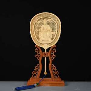 新品桧木宫廷扇 复古中式典雅桧木雕刻圆扇饰品宫扇浮雕摆件工艺