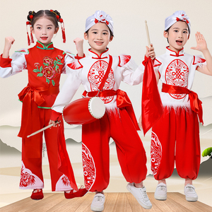 新款儿童安塞腰鼓服红色陕北民族服装男女西北民族学生阿宝演出服