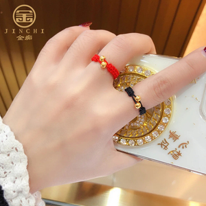 黄金转运珠戒指女999足金本命年编织红绳金豆纯金珠子小金豆金珠