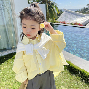 女童衬衫2024春秋款韩版洋气时髦法式儿童中长款外穿开衫秋装衬衣
