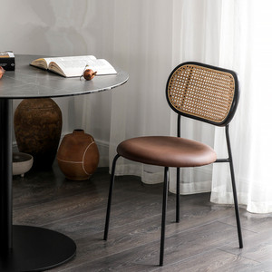 原木餐椅中古藤编椅子复古轻奢设计实木家用凳子北欧铁艺餐厅桌椅