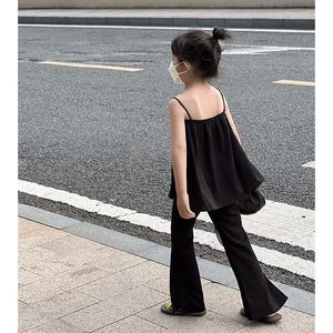 女童夏季套装2024新款儿童韩版黑色吊带开叉长裤中大童时髦两件套