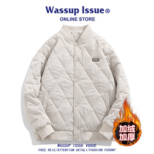 WASSUP ISSUE冬季菱形格外套男士羽绒棉服加绒棉衣男款潮棒球服男