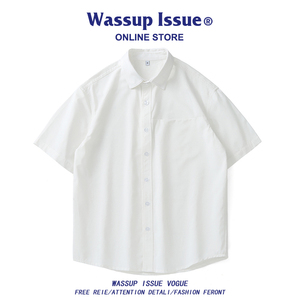 WASSUP ISSUE美式重磅纯棉短袖衬衫男款夏季潮牌复古纯色白衬衣男