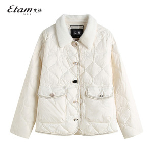 艾格/Etam翻领小香风短款羽绒服女款2023年新款小个子白鸭绒外套