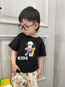 儿童卡通狗狗印花黑色短袖T恤夏季0-6岁男女童洋气纯棉衫半袖上衣