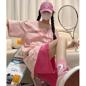 粉色少女风休闲运动服套装女夏季短袖学生韩版宽松两件套时尚网红