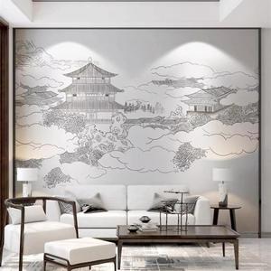新中式浮雕山水线条茶室墙纸壁画餐厅包厢立体影视墙布民宿墙纸