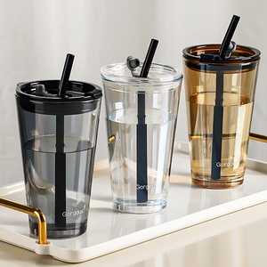 ins高颜值新款咖啡杯玻璃杯子水杯北极光吸管杯大容量带盖竹节杯