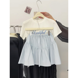 夏季韩系时尚小清新字母印花短袖T恤女百搭高腰蓬蓬短裙两件套薄
