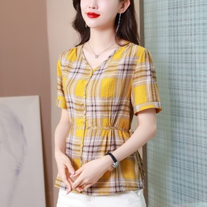 收腰显瘦棉麻黄色格子衬衫女夏季2024年新款时尚妈妈短袖洋气小衫