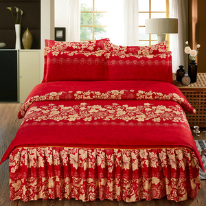 恒源祥加厚全棉纯棉四件套床裙韩式床罩床单被套婚庆大红床上用品