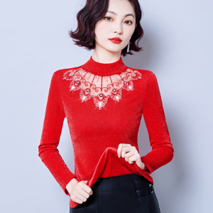 本命年红色小衫贵夫人时尚上衣亮丝闪闪修身网纱蕾丝打底衫女加绒