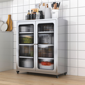 不锈钢双门柜餐边柜厨房玻璃门碗柜餐具柜家用储物柜收纳简易橱柜