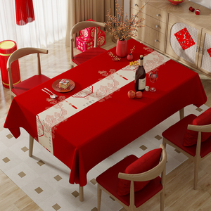 红色结婚桌布防水防油免洗长方形餐桌订婚喜庆茶几台布轻奢高级感