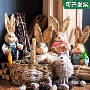 圣诞节草编兔子diy材料包稻草兔道具手工装饰情侣兔花园阳台摆件