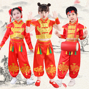 儿童喜庆秧歌表演服男女童打鼓服腰鼓服中国红幼儿太平鼓演出服装