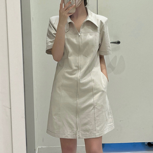 韩版chic夏季时尚翻领小个子拉链中长款收腰纯色短袖衬衫式连衣裙
