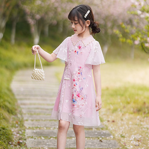 女童裙子夏天旗袍连衣裙夏季绿粉红色大童中国风女孩雪纺纱公主裙