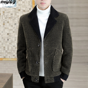 毛呢大衣男冬季休闲夹克西装领条纹高档修身羊毛尼子外套短款风衣
