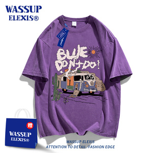 WASSUP ELEXIS美式复古紫色t恤男夏季宽松短袖T恤女潮牌情侣上衣