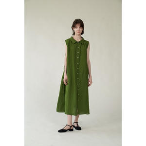 两面穿腰带收腰无袖连衣裙女夏新款法式复古绿色裙子宽松亚麻长裙