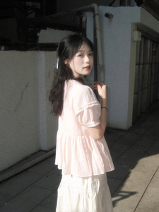 韩版甜美娃娃领粉色短袖衬衫女夏小众设计感宽松褶皱泡泡袖上衣薄