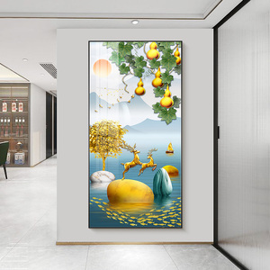 五福临门入户玄关装饰画新中式葫芦壁画山水画风景进门寓意好挂画