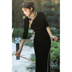 黑色改良旗袍女春夏2024新款女装中式年轻款高端气质老上海连衣裙