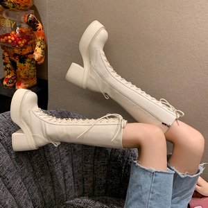 白色长靴女厚底马丁靴高筒骑士靴2022新款秋冬小个子超高跟长筒靴