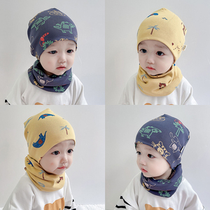 女童春秋季男童儿童纯棉帽子围脖两件套宝宝帽围巾套装婴儿脖套