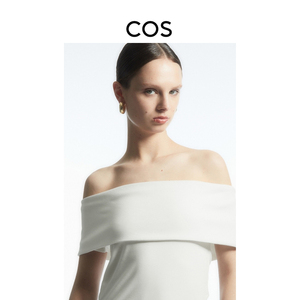 COS女装2023夏季新品一字领露肩弹力针织短袖上衣白色1160633006