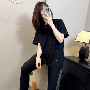 韩系宽松设计感满天星烫钻t恤女黑色短袖女上衣夏季新款洋气减龄