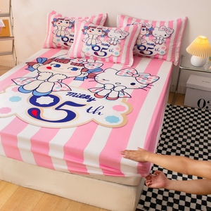 hellokitty粉色床笠单件凯蒂猫少女心条纹保护罩防尘套床垫全包