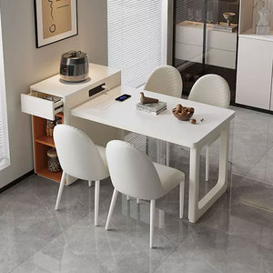 奶油风岛台餐桌椅组合家用一体可伸缩客厅小户型现代极简岩板餐桌