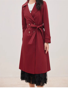 珂莱蒂尔2023秋冬新款红色风衣中长款薄款双排扣外套女KJ00542A8