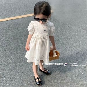 韩版童装女童夏季白色连衣裙子2024洋气宝宝时髦泡泡袖圆领公主裙