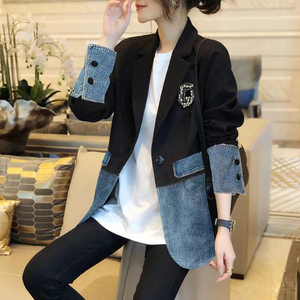牛仔拼接西装外套女2022秋冬季新款小个子大码西服上衣