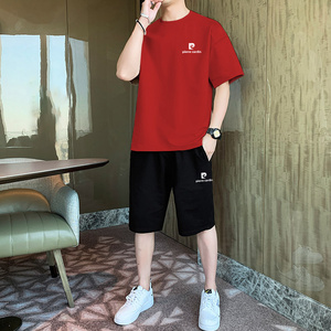 法国皮尔卡丹红色T恤套装男2024夏季新款纯棉短袖休闲运动五分裤